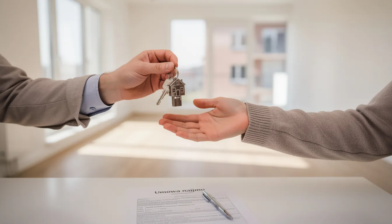 Na zdjęciu widać właściciela i najemcę, którzy uśmiechają się, przekazując sobie klucze do nowego mieszkania. Scena symbolizuje finalizację transakcji wynajmu nieruchomości w Warszawie, a obaj mężczyźni wyrażają radość z rozpoczęcia nowego etapu życia.