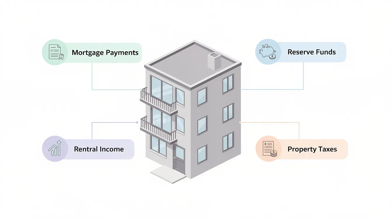 The image shows a small apartment building with callouts highlighting key financial elements such as mortgage payments, rental income, reserve funds, and property taxes, emphasizing the importance of effective financial management for property owners and real estate investors. This illustration serves as a visual guide to understanding the financial aspects of successful property ownership and the role of property management services in optimizing rental income.