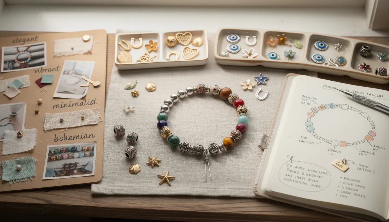 The image showcases a beautifully designed charm bracelet made of sterling silver, adorned with an array of chosen beads and unique charms that reflect a vibrant and eclectic style. The bracelet features a mix of textures and colors, creating a harmonious piece perfect for special occasions or everyday wear.