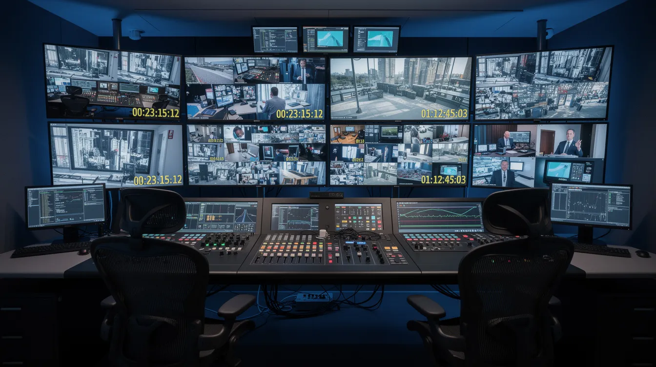 The image depicts a professional broadcast control room filled with multiple video monitors, each displaying various timecode overlays, which are essential for video editors to manage timecode values accurately. The setup showcases a sophisticated environment where tools like a timecode calculator software are utilized for precise calculations and editing tasks.