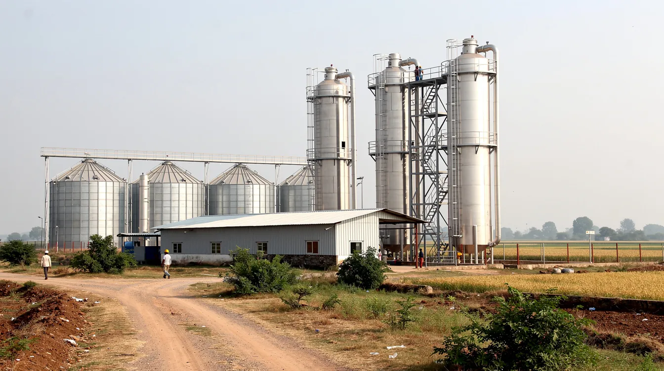 593b73fc 2bde 4113 8ccf 9d01d553ba43 The image depicts a large industrial ethanol production facility in a rural Indian landscape, featuring tall steel distillation columns and expansive grain storage silos. This site is integral to the ethanol industry, supporting the production capacity needed to meet the increasing ethanol demand and enhance energy security through renewable fuels.