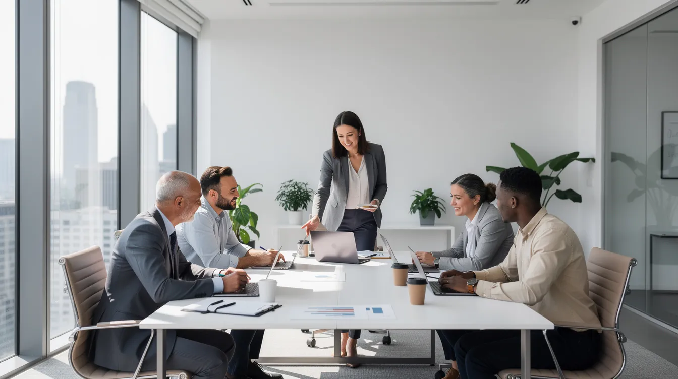 A diverse team of professionals collaborates around a conference table in a bright, modern office, filled with natural light from large windows, as they engage in discussions about system analysis and the integration of complex systems to enhance overall performance and meet business goals. The atmosphere reflects effective communication and teamwork in analyzing existing systems and designing new solutions.