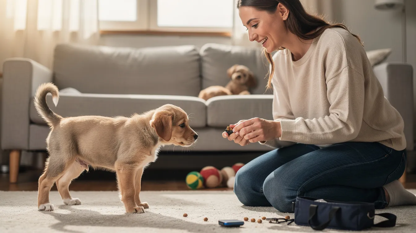 The image depicts a young puppy in a calm environment, surrounded by unfamiliar objects, illustrating the concept of managing puppy fear periods through positive training. The puppy appears focused and relaxed, showcasing the importance of positive reinforcement and building confidence during these normal stages of dog development.