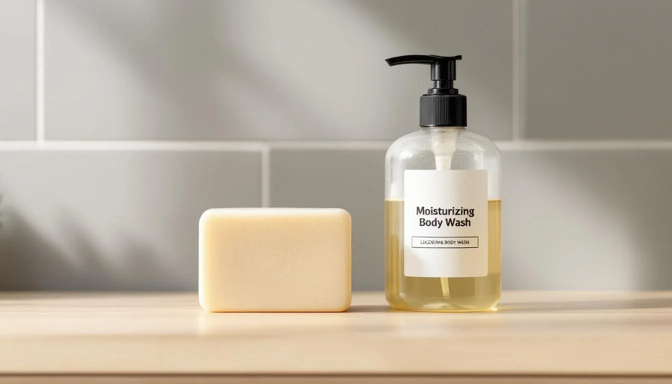 The image shows a bathroom counter featuring a comparison of bar soap and liquid body wash bottles. The bar soap is solid and rectangular, while the liquid body wash is in a pump bottle, highlighting the key differences in packaging and formulation for personal hygiene and skin care.
