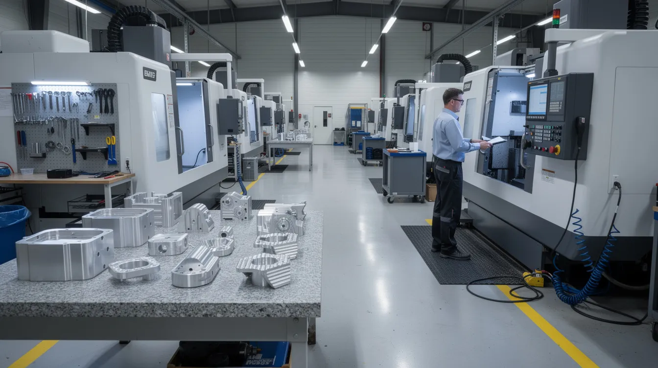 The image depicts the interior of a modern CNC machine shop, featuring rows of multi-axis machining centers and an operator monitoring a control panel. Finished aluminum parts are neatly arranged on an inspection table, showcasing the precision and quality of CNC machining services.