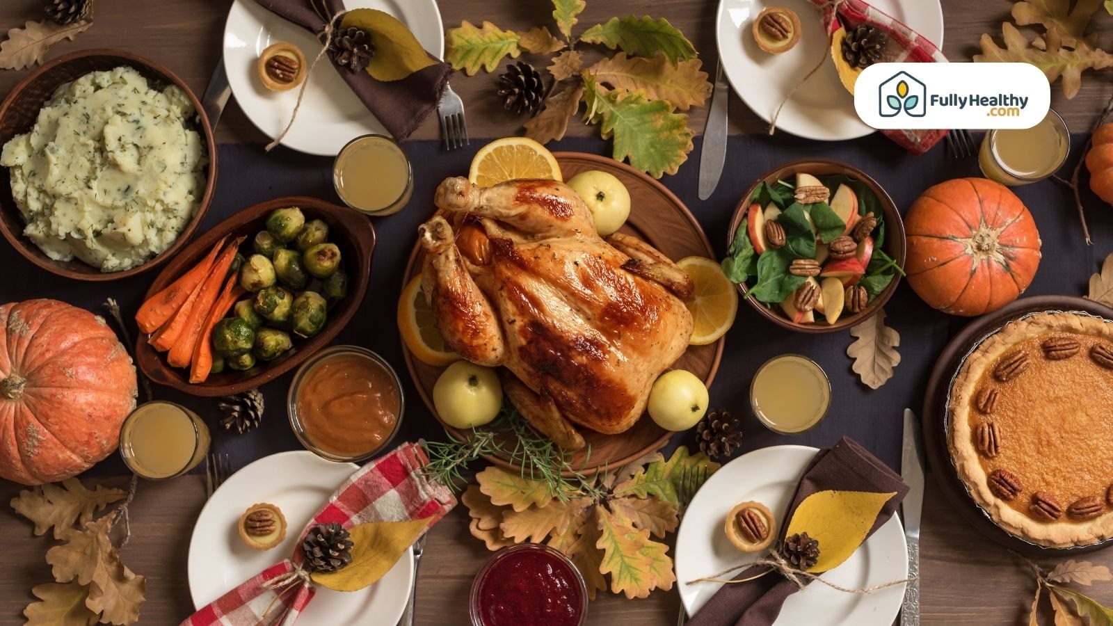 Full Thanksgiving dinner table with turkey and traditional side dishes