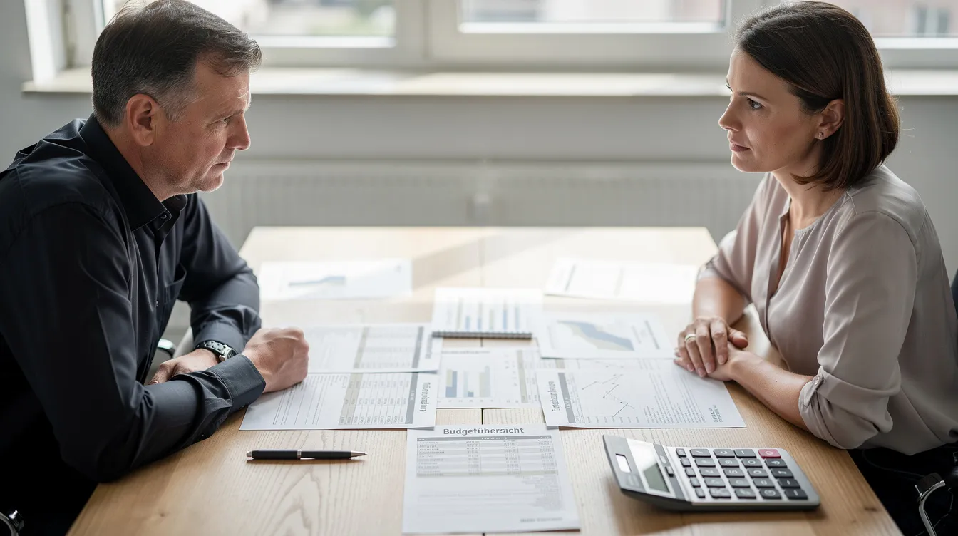 Zwei Personen sitzen an einem Tisch und diskutieren Finanzpläne, während sie einen Taschenrechner und verschiedene Unterlagen nutzen. Sie besprechen wichtige Themen wie Anschlussfinanzierung und Zinsen, um die besten Kreditkonditionen für ihre Immobilienfinanzierung zu finden.