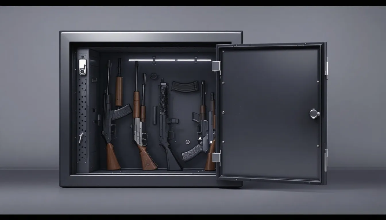 A secure gun safe with guns inside, emphasizing the importance of firearm safety.