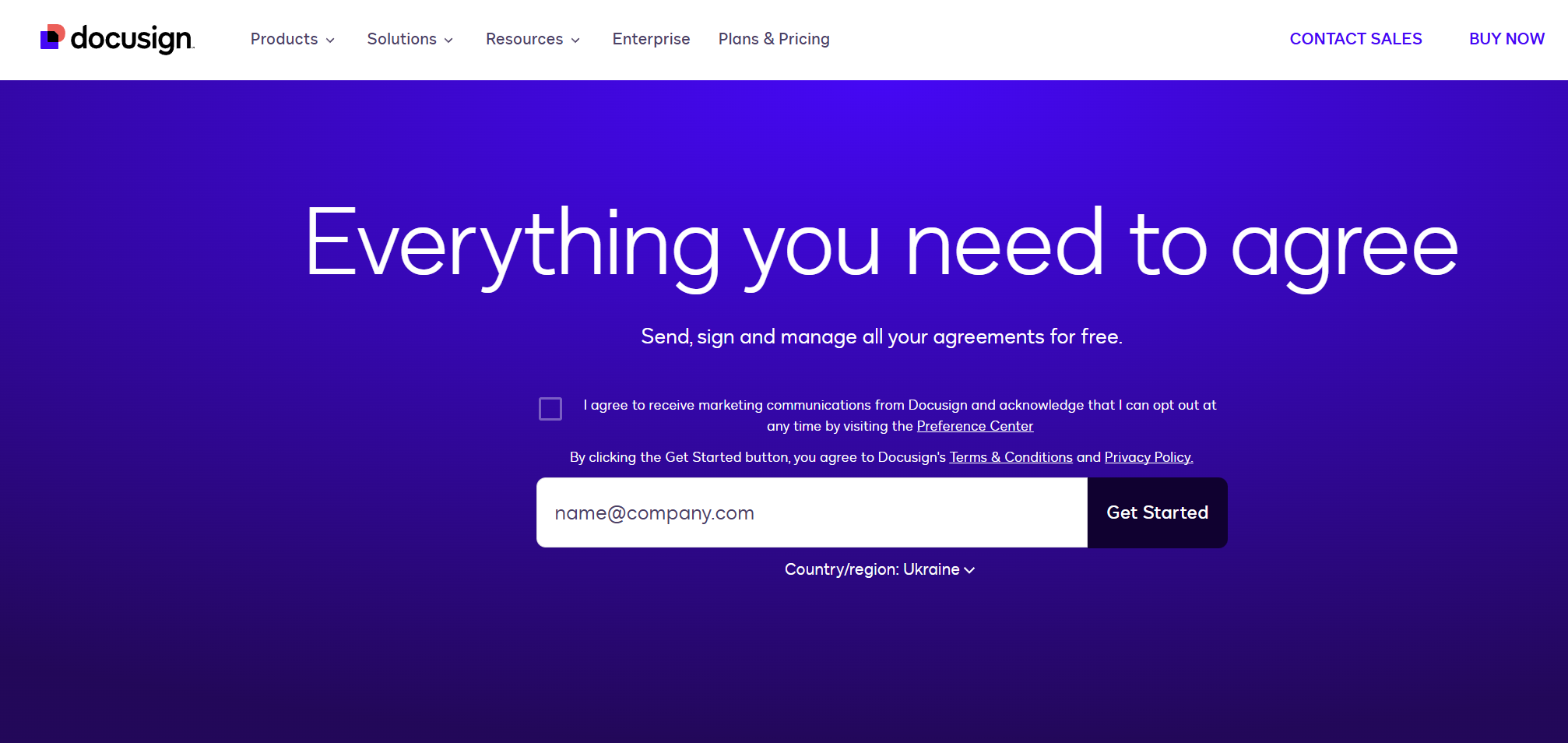 DocuSign homepage promoting tools to send, sign, and manage agreements online, with options to get started, contact sales, or buy a plan.