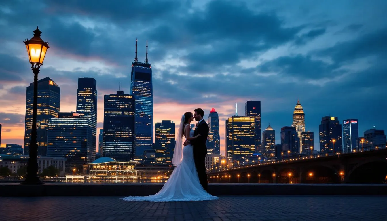 Ein romantisches Brautpaar steht vor der beleuchteten Skyline von Frankfurt am Main, während die Sonne untergeht und eine warme Atmosphäre schafft. Diese Szene könnte eine perfekte Hochzeitslocation für eine Traumhochzeit in der Stadt sein.