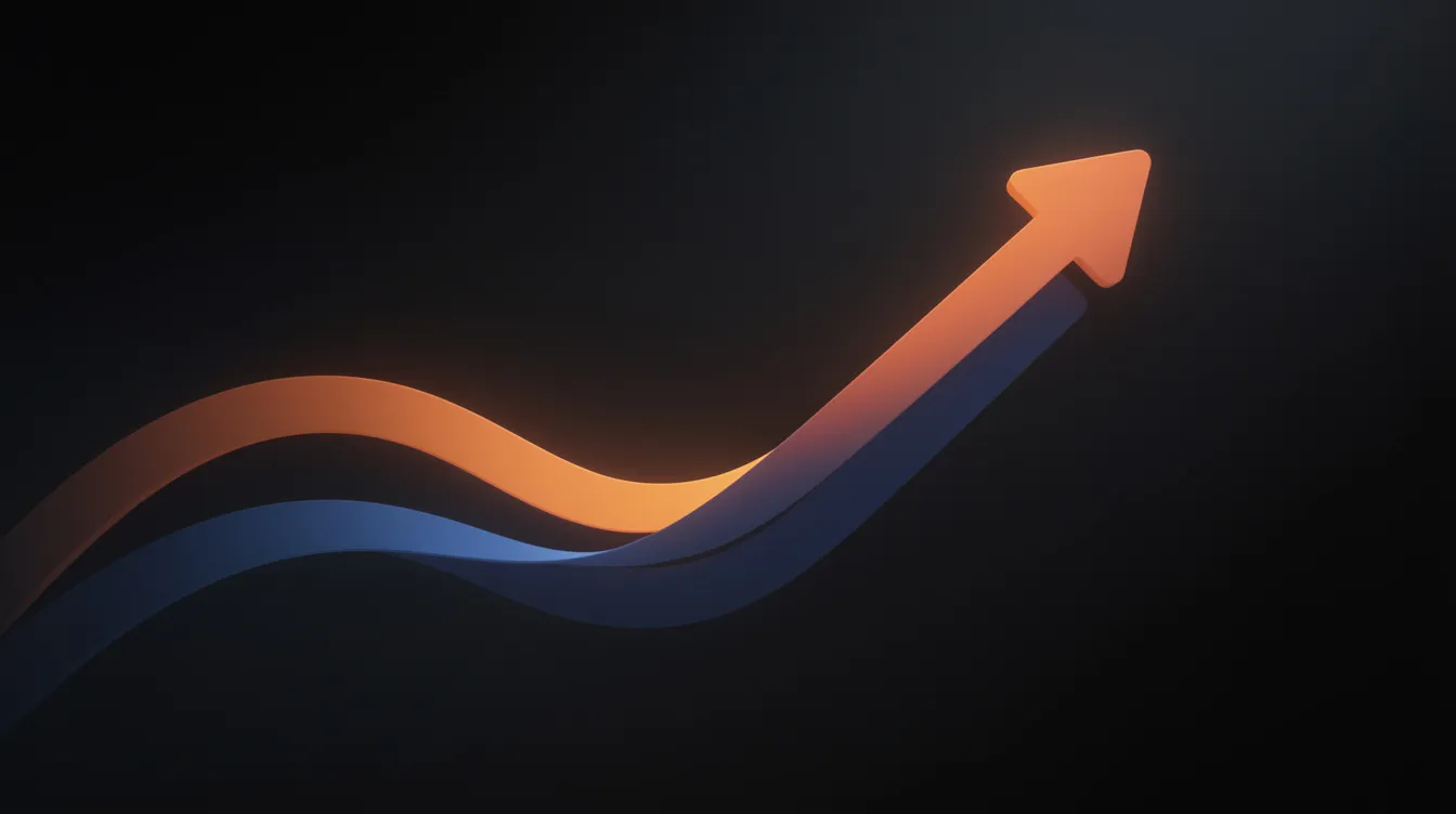 The image depicts an abstract upward trending curve in warm orange and blue gradients against a dark background, symbolizing growth and success in the content marketing industry. This visual representation resonates with themes of search engine optimization and increasing organic traffic, reflecting the ongoing evolution of digital marketing strategies.