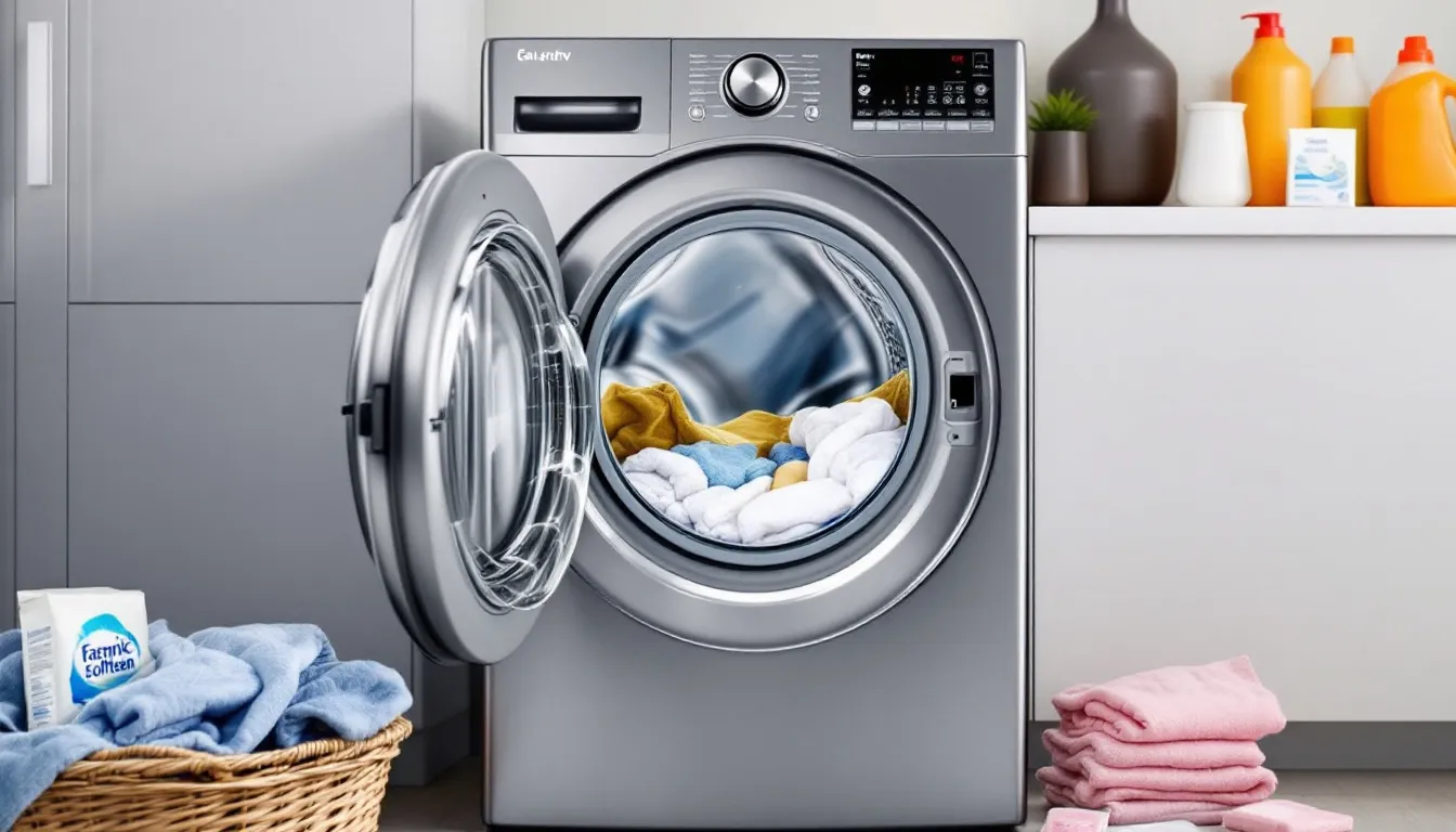 . The image depicts a person cleaning a washing machine, focusing on the interior of the drum. They are using vinegar and baking soda to eliminate unpleasant odors and residues, highlighting the importance of regular cleaning of the washing machine to maintain its efficiency and extend its lifespan.