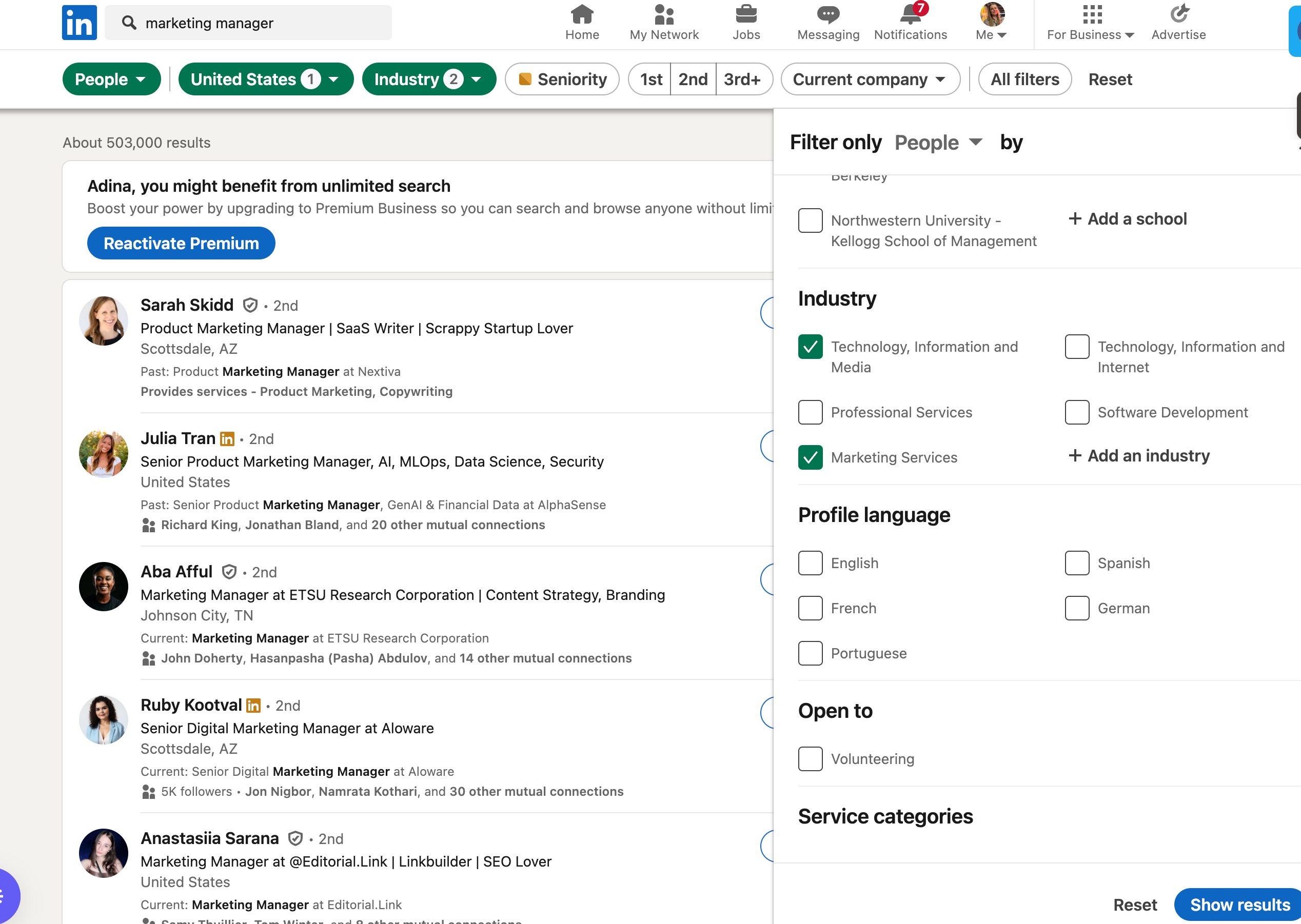 LinkedIn Sales Navigator search filtered by job title, industry, and location