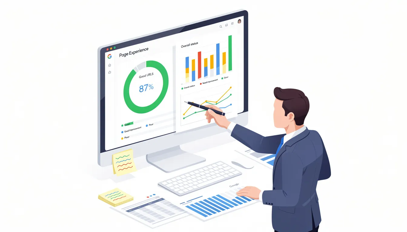The image depicts the Google Search Console's Page Experience report, showcasing performance metrics for multiple pages of a website, including core web vitals scores and user experience signals. This tool is essential for site owners to assess how their web pages meet user expectations and ranking factors in Google search results.