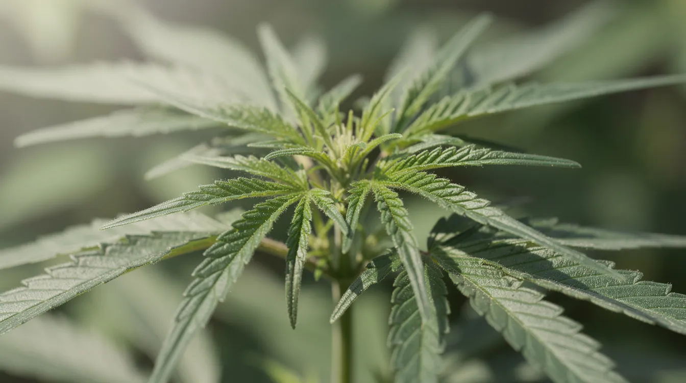 Die Nahaufnahme zeigt eine junge Hanfpflanze mit leuchtend grünen Blättern, die das Potenzial von Cannabinoiden wie CBG und CBD symbolisiert. Diese Cannabispflanze ist ein wichtiger Bestandteil in der Forschung zu den Wirkungen und Eigenschaften von Phytocannabinoiden auf das Endocannabinoid-System.