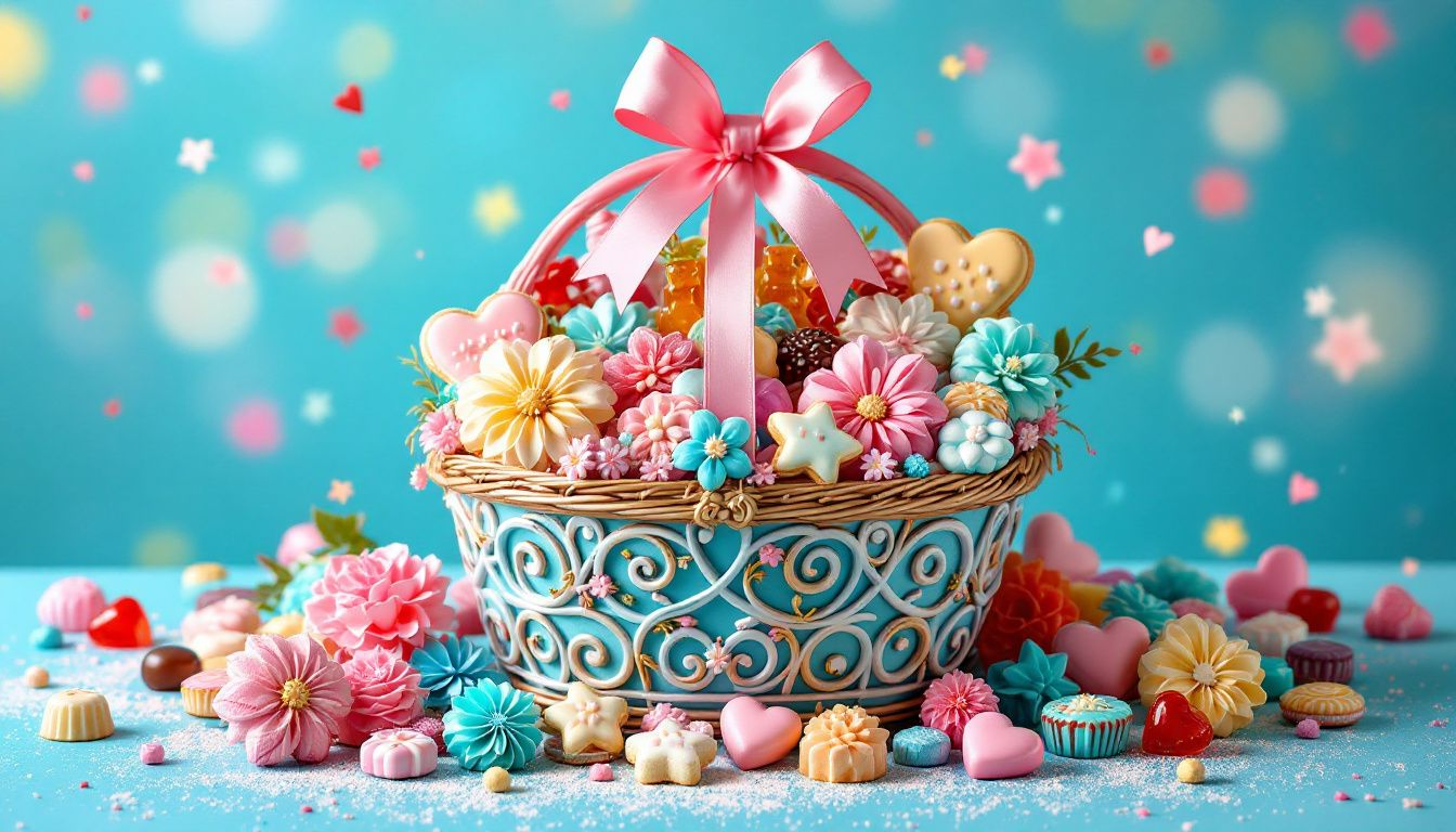 Kosz prezentowy dla kobiet z eleganckimi słodyczami i czekoladkami.