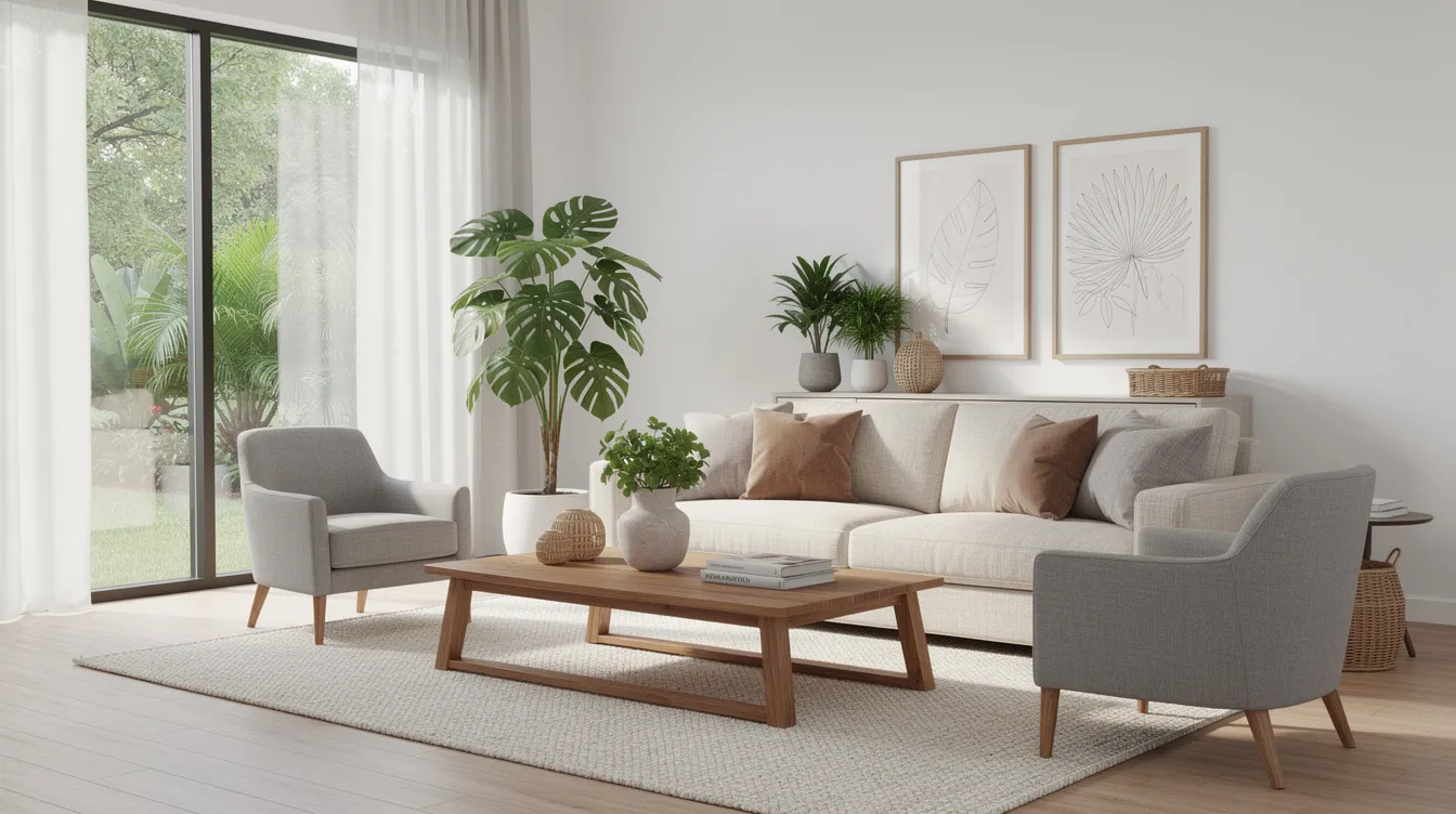 The image depicts a beautifully staged modern living room featuring large windows that flood the space with natural light. The neutral furniture and subtle tropical decor accents create an inviting atmosphere, ideal for attracting potential buyers and showcasing the home's appeal in the real estate market.