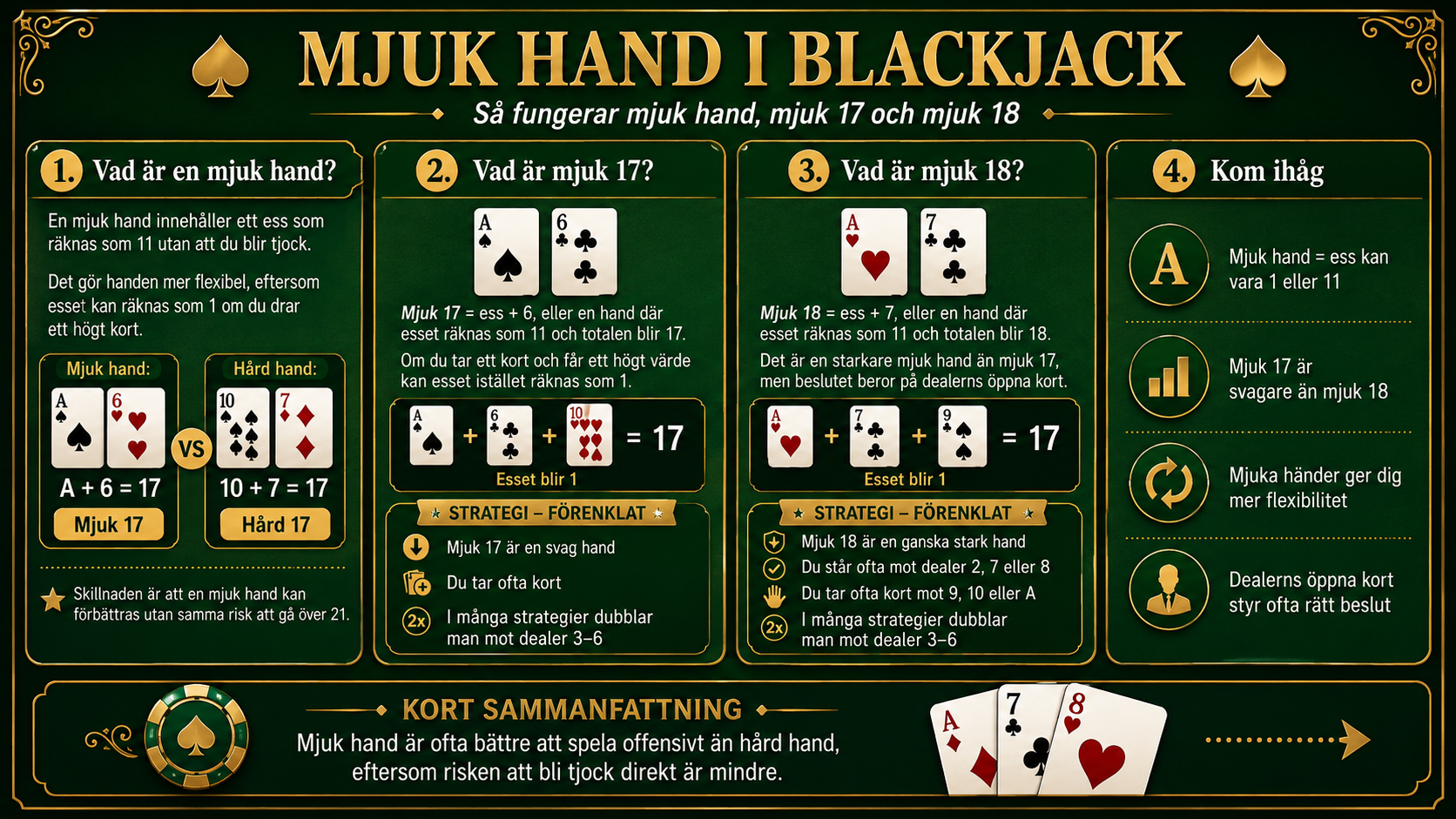 Guide till mjuk hand i blackjack med förklaring av soft 17 och soft 18.