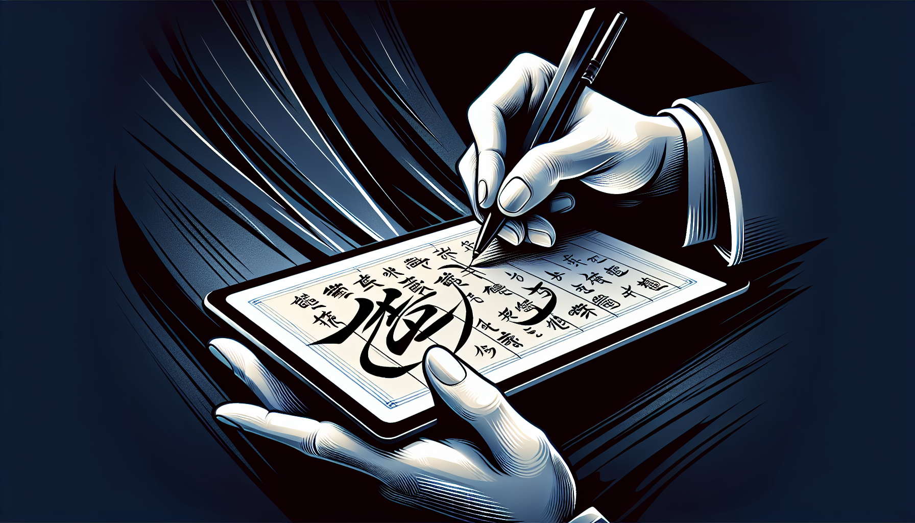 Vector illustration of a person practicing Chinese calligraphy on a digital tablet