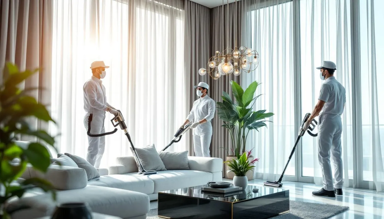 A professional team providing curtain cleaning services in Dubai.