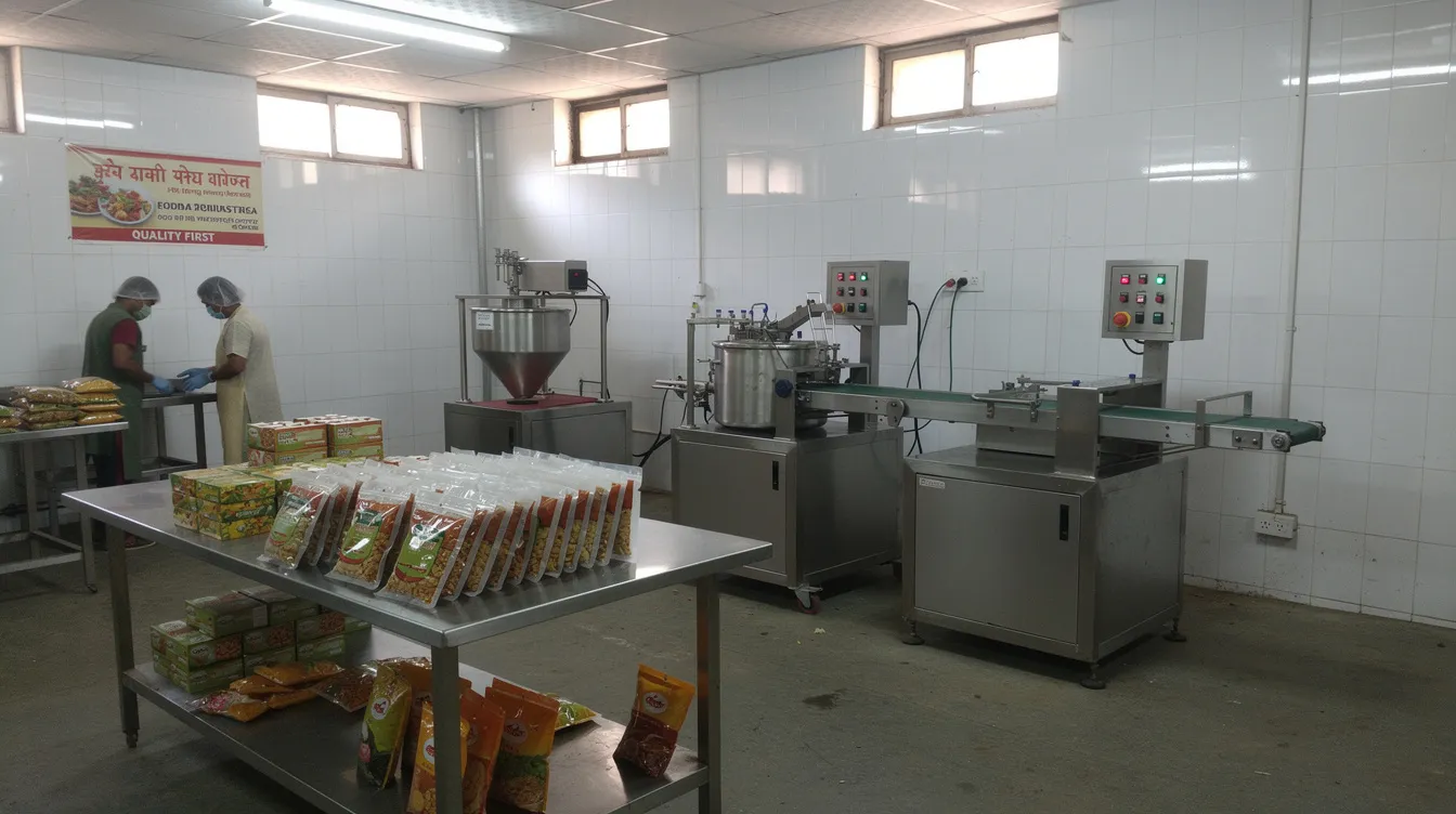 5949b981 2d43 41a4 8ffa d8c4f769ad69 The image depicts a small Indian food processing unit featuring semi-automatic machinery, with various packaged products displayed on a table. This setup highlights the commercial manufacturing processes and operational aspects relevant to a mudra loan project report for micro enterprises.