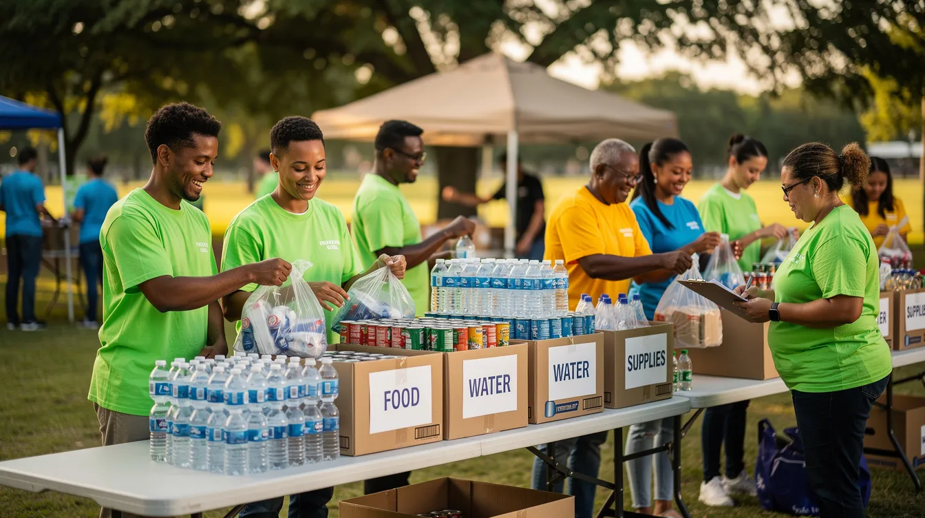 A group of volunteers wearing matching shirts are actively organizing and distributing supplies at an outdoor community event in New Orleans, showcasing their commitment to social change and community support. This gathering reflects the spirit of service and collaboration among community leaders and members, embodying the values of faith and dedication to helping others.