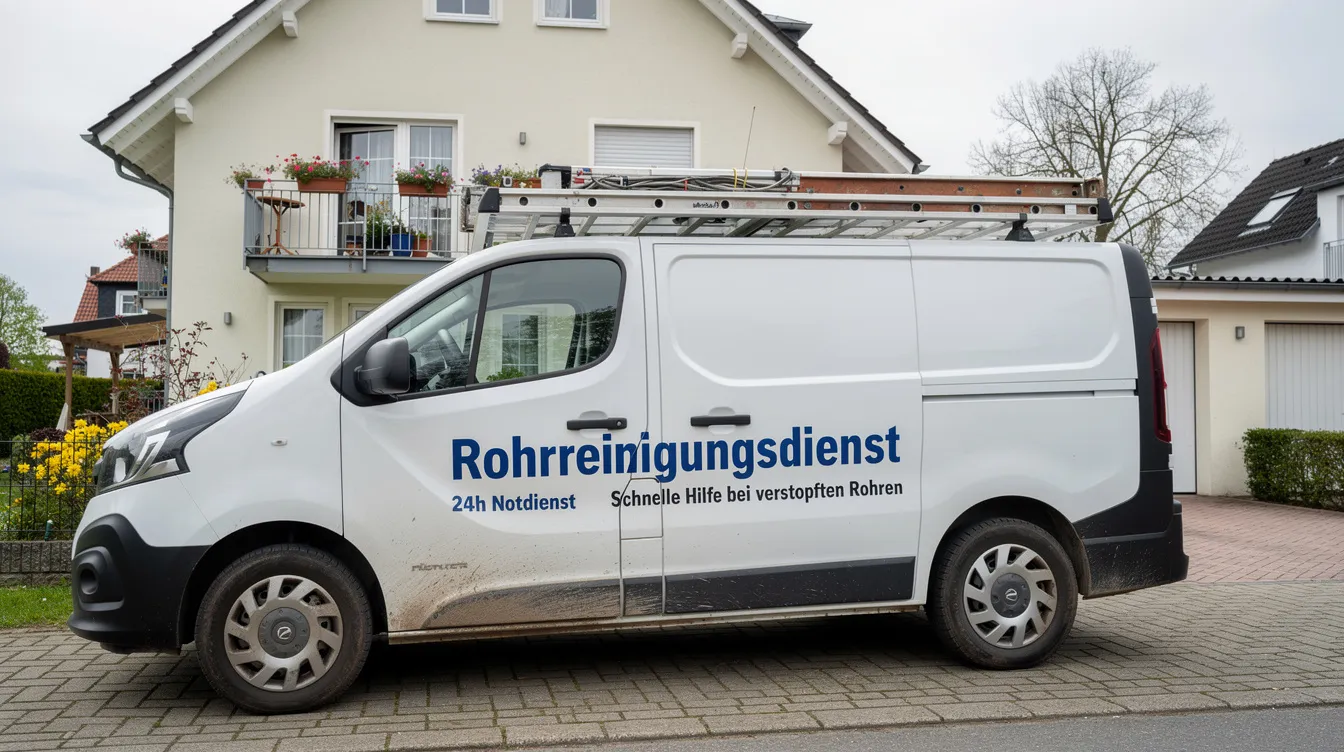 Ein weißes Servicefahrzeug eines Rohrreinigungsdienstes steht vor einem Wohnhaus, bereit, bei Problemen wie einer verstopften Toilette oder Abflussverstopfungen zu helfen. Das Fahrzeug symbolisiert die Unterstützung bei der Beseitigung von Verstopfungen und anderen Rohrproblemen im Haushalt.
