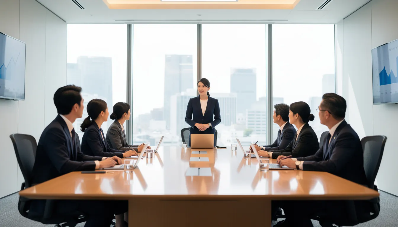 A group of professionals in suits is seated around a conference table during a Japanese business meeting, engaged in discussions that may involve translations and vocabulary related to their work. The atmosphere suggests a focus on understanding and creating effective communication, possibly reflecting on common mistakes in language use.