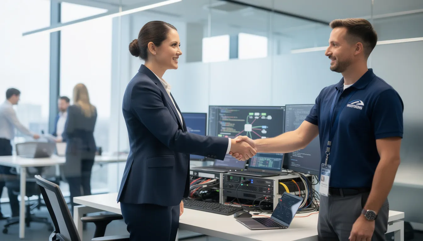 In an office setting, a business professional shakes hands with an IT technician, symbolizing a partnership in addressing computer issues and providing efficient support services. The interaction reflects a commitment to transparent pricing and comprehensive solutions for various technology needs, including data recovery and virus removal.