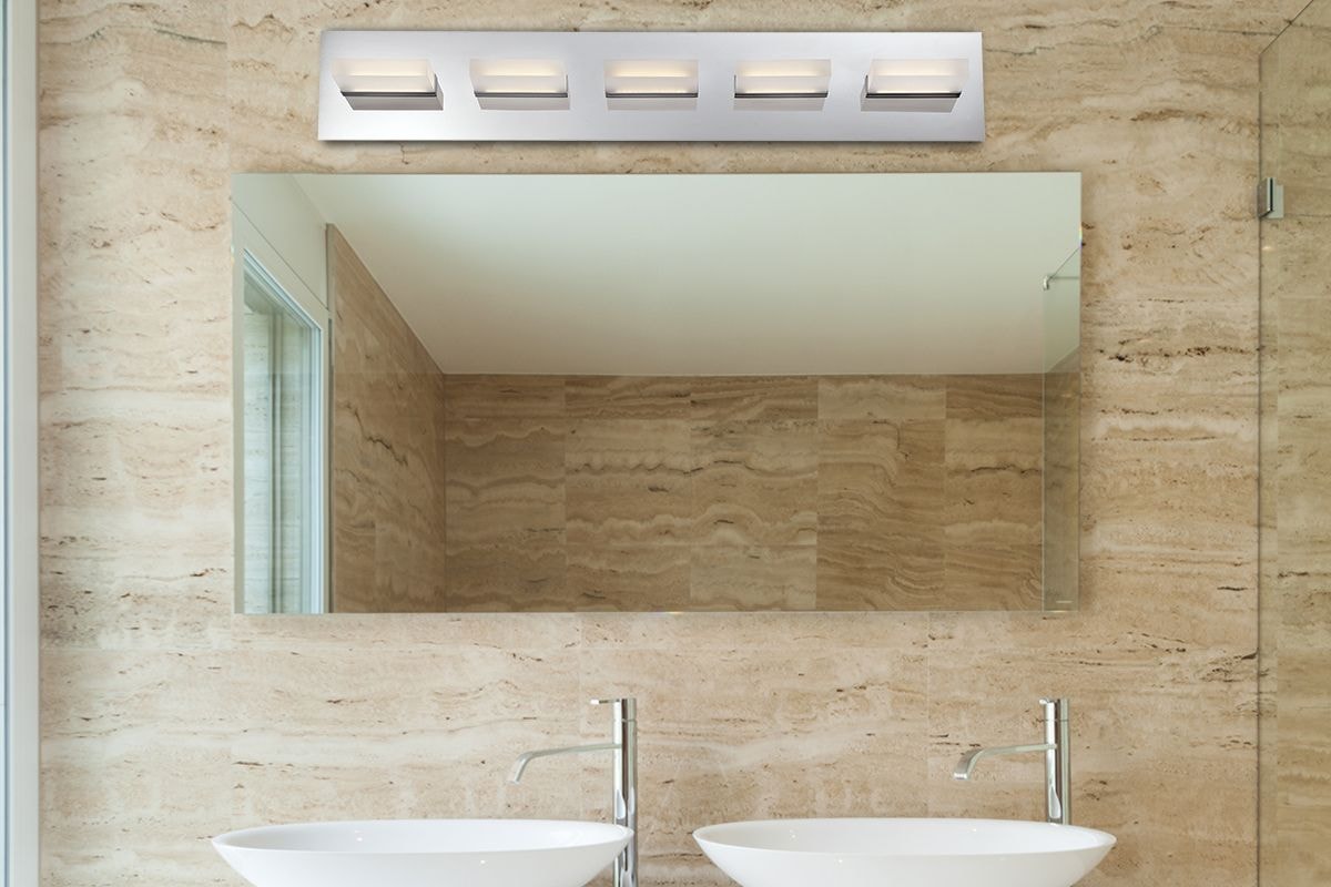 Olson Vanity Light above mirror in modern bathroom, a bathroom vanity lights product that makes a bright style sign at any price.