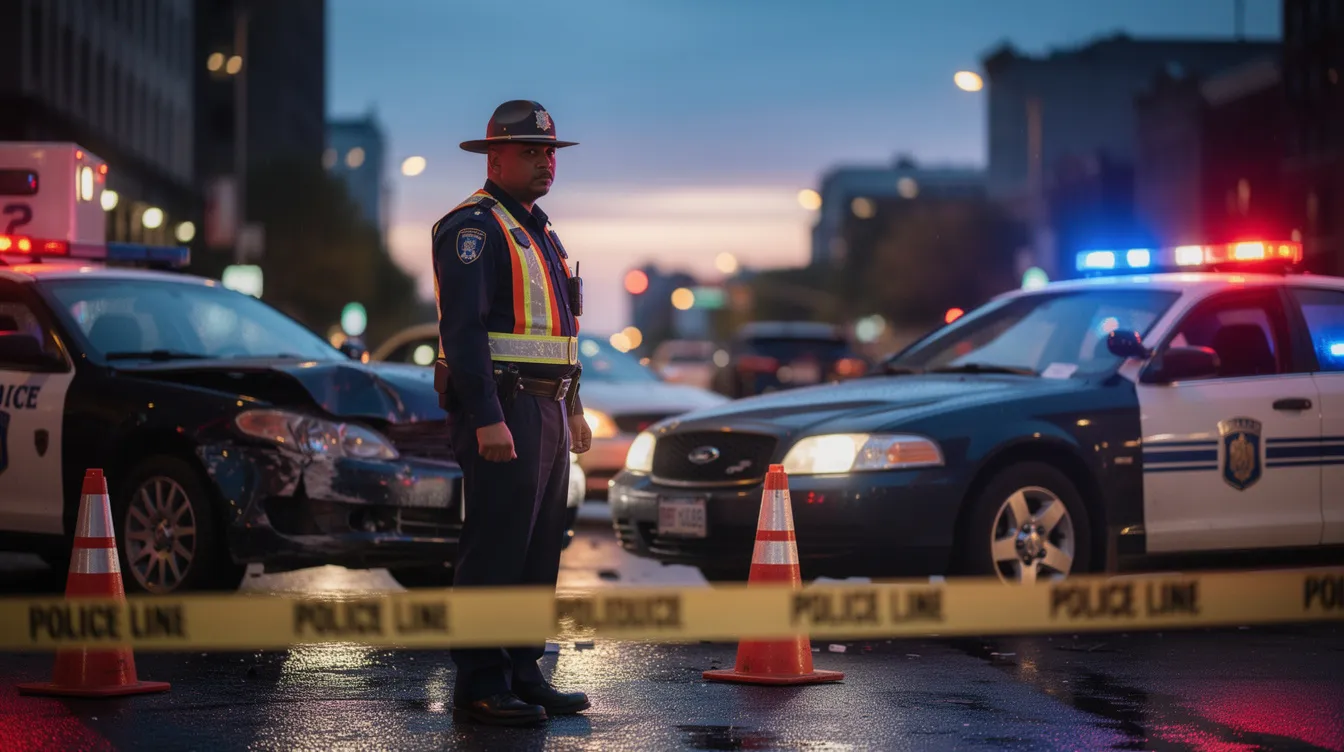 A police officer stands near two vehicles involved in a car accident at dusk, assessing the scene for evidence. The image captures the somber atmosphere as emergency lights illuminate the area, highlighting the importance of understanding auto insurance policies and the implications of Colorado law regarding personal injury and wrongful death claims.