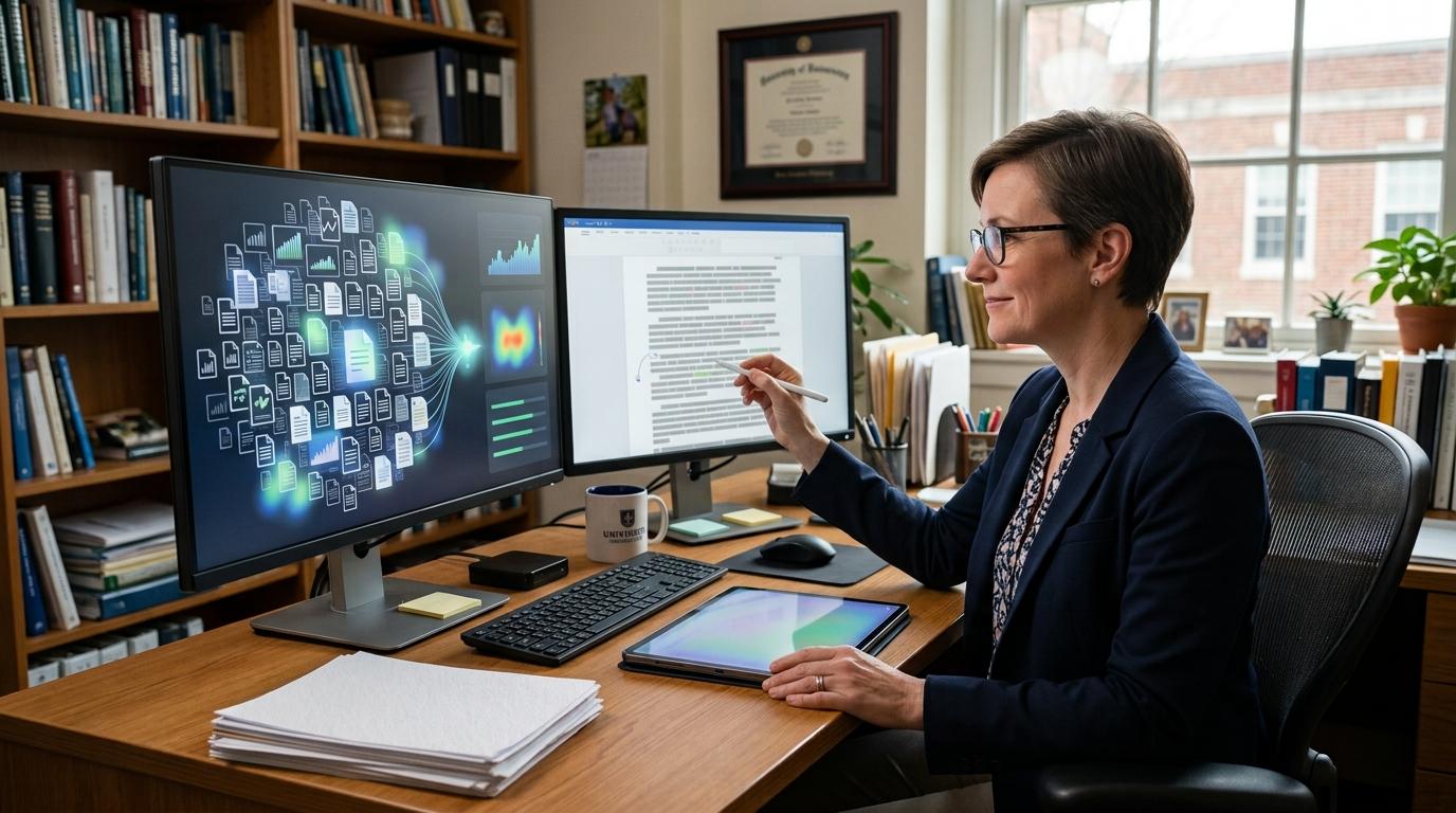 Modern educator efficiently reviewing a large stack of digital assignments with subtle AI-inspired visual elements while maintaining final grading control, realistic university office.
