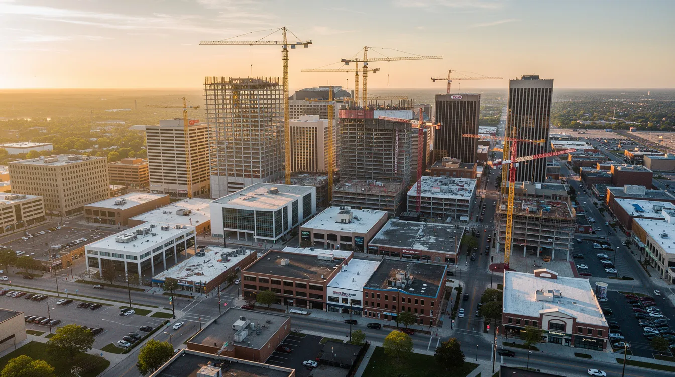 An aerial view showcases a Midwest city skyline dominated by construction cranes and new building structures, indicating ongoing growth and development in the commercial districts. This scene highlights the dynamic nature of urban expansion, with various projects in execution that promise to enhance the city's facilities and services.