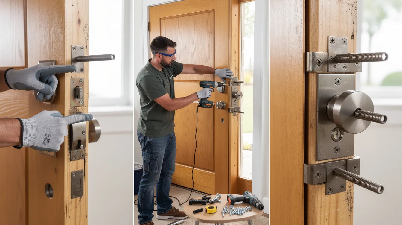 Installation of a door reinforcement kit to enhance security.