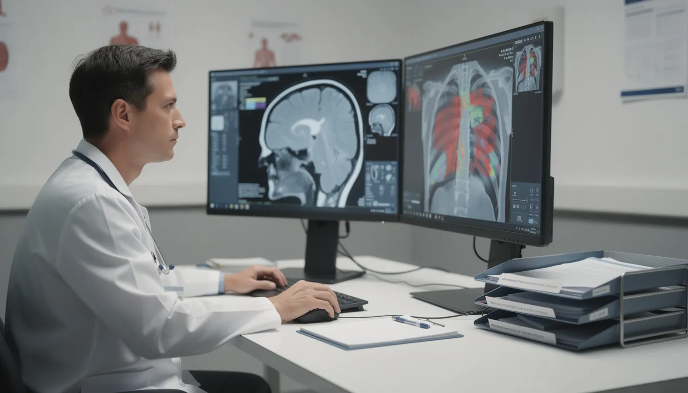 A medical professional is attentively reviewing diagnostic imaging results in a clinical setting, focusing on potential complications related to surgical mesh, such as mesh erosion and pelvic pain. This analysis is crucial for managing conditions like pelvic organ prolapse and urinary incontinence in female patients.