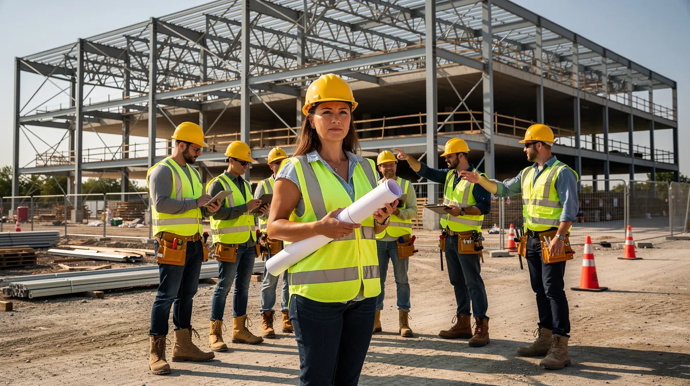 A diverse team of construction workers, including a woman, is seen on a commercial building site, all wearing hard hats and safety vests, with steel framing in the background. This image highlights the importance of safety and teamwork within the construction industry, showcasing the commitment to career advancement and inclusion in apprenticeship programs.