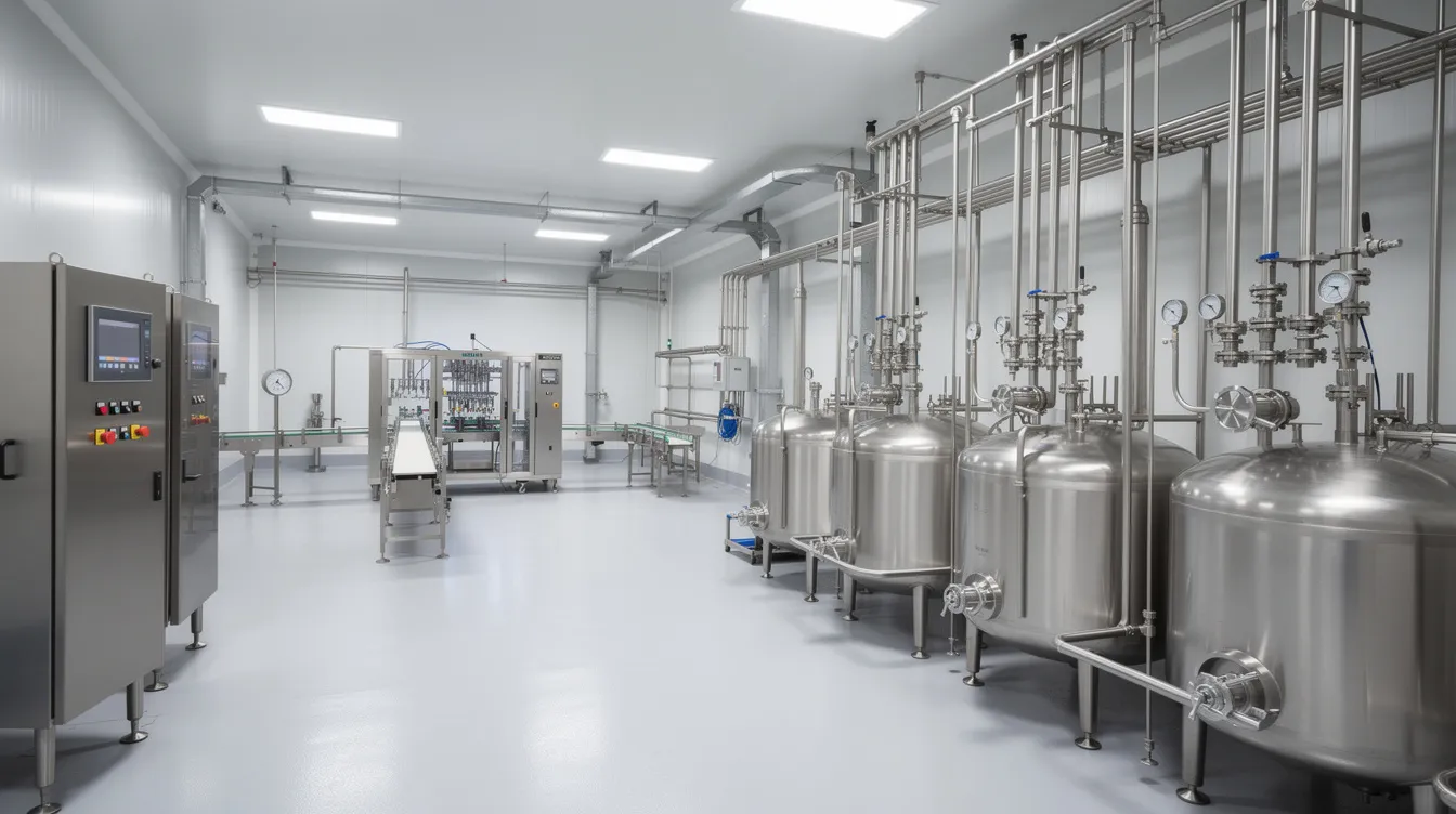 The image depicts the interior of a modern stainless steel dairy processing facility, showcasing large tanks, extensive piping, and various industrial equipment used in the ghee manufacturing process. This high-tech environment is designed to ensure quality control and efficient production of ghee, a popular clarified butter in the food processing industry.