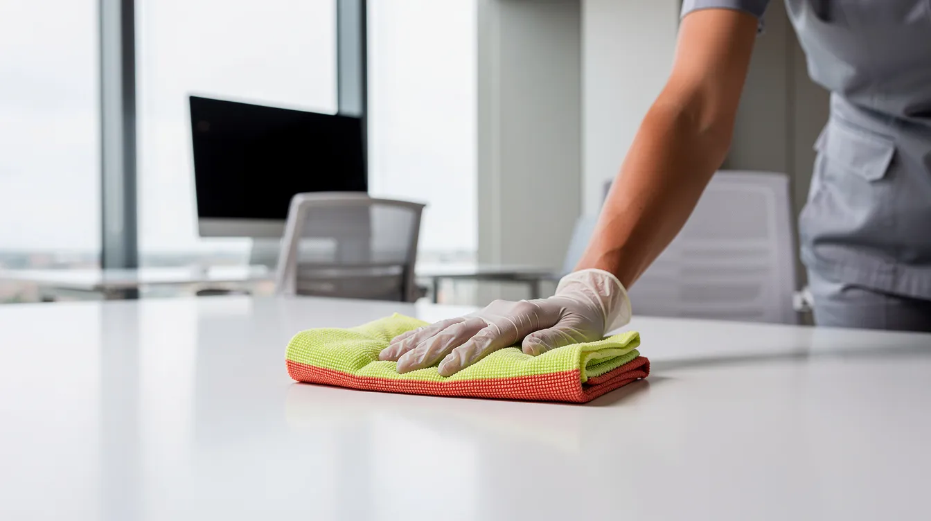 A professional cleaner is diligently using a microfiber cloth to wipe down a modern office desk, showcasing their commitment to thorough cleaning with eco-friendly products. The scene reflects a focus on maintaining a clean and healthy environment, ideal for promoting air quality and peace of mind in the workplace.