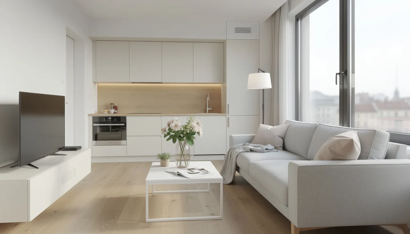 Nowoczesne mieszkanie w Warszawie z dużymi oknami, jasnym wnętrzem oraz wysokim standardem wykończenia, przygotowane do szybkiej sprzedaży. Wnętrze jest starannie zaaranżowane, co może przyciągnąć potencjalnych nabywców na rynku nieruchomości.