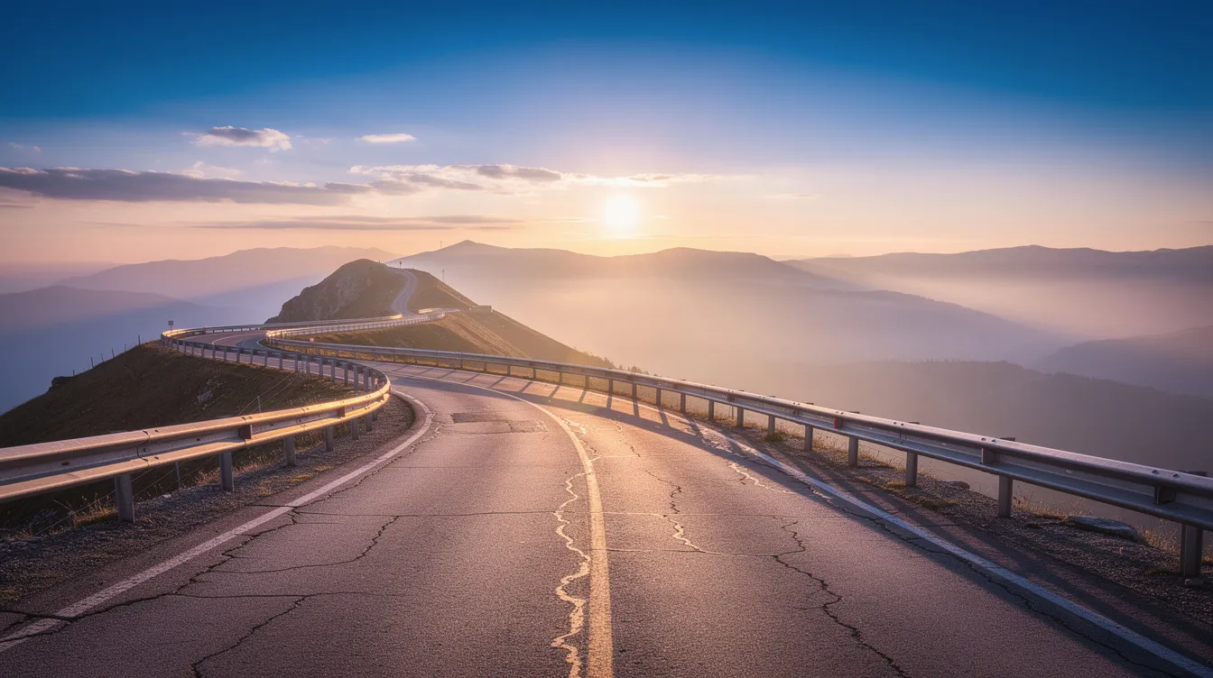 The image depicts a scenic mountain highway flanked by metal guardrails, providing a breathtaking view of a valley bathed in the soft light of sunrise. This serene landscape symbolizes the balance between safety and exploration, much like the ongoing discussions around responsible AI development and governance in today's technological landscape.