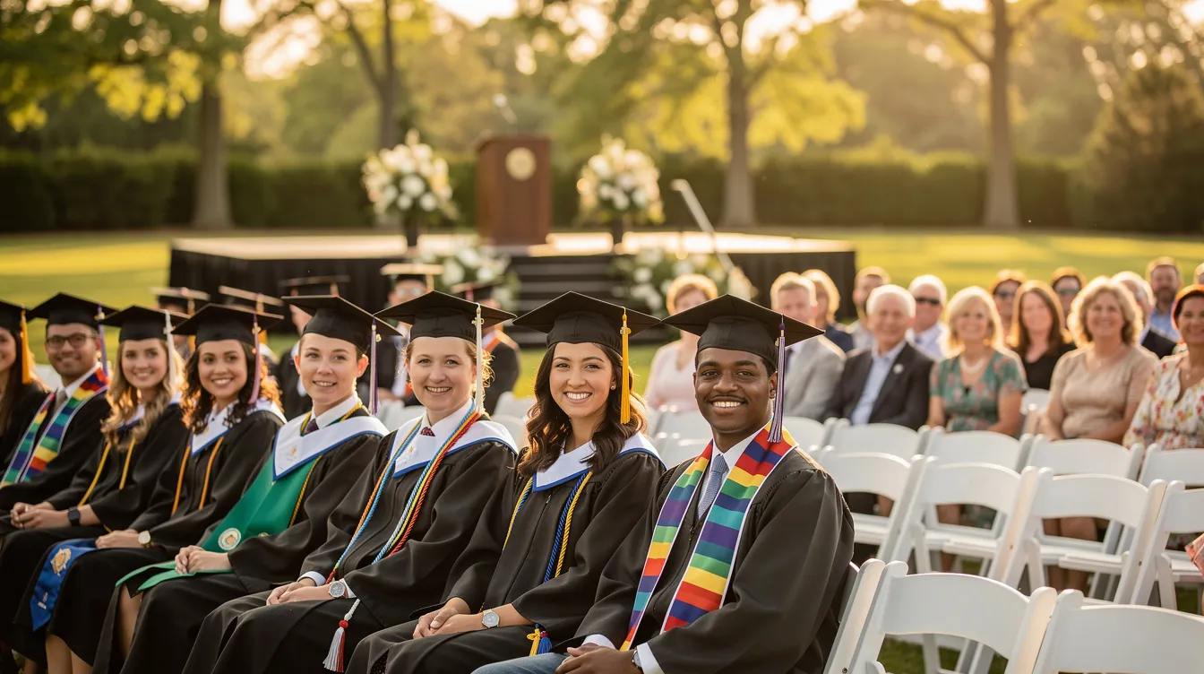 The image depicts an elegant graduation ceremony taking place outdoors, featuring graduates dressed in traditional caps and gowns, celebrating their achievements with joy. The scene captures the essence of professional growth and the significance of earning a college degree, surrounded by family members and friends.
