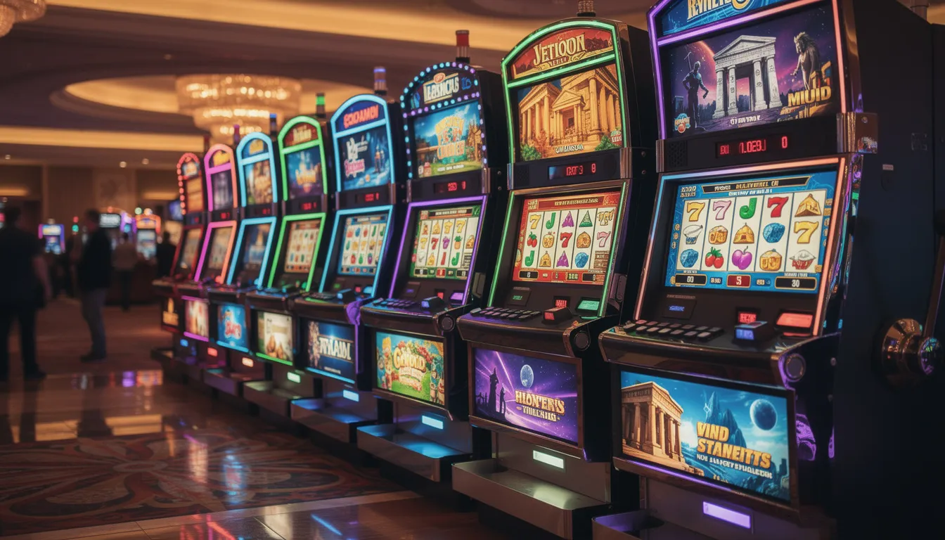 En rad av färgglada spelautomater med olika teman står uppställda, vilket skapar en livlig atmosfär i casinot. Dessa slots erbjuder spelare möjligheten att vinna free spins och bonusar hos Rizk, ett populärt online casino i Sverige.