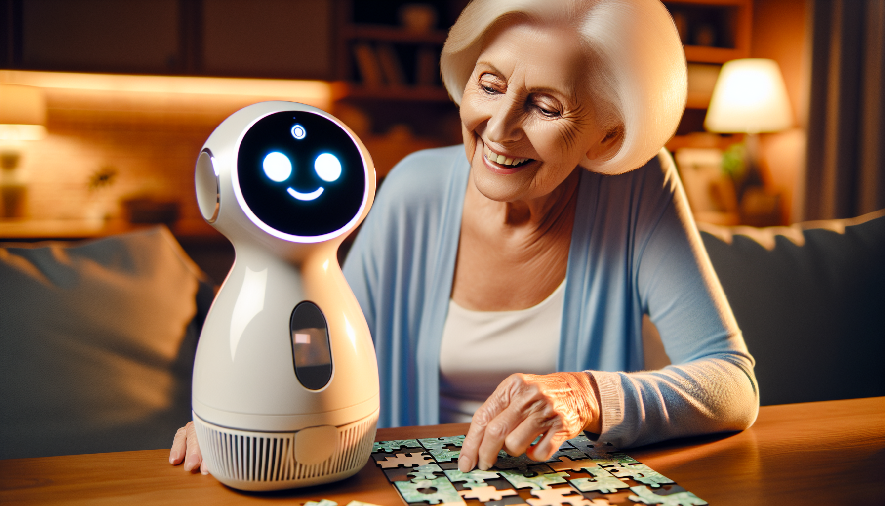 ElliQ AI companion robot assisting an elderly person