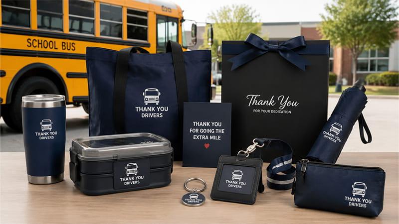 Bus driver appreciation gifts including a tumbler, lunch box, umbrella, tote bag, keychain, and thank-you card