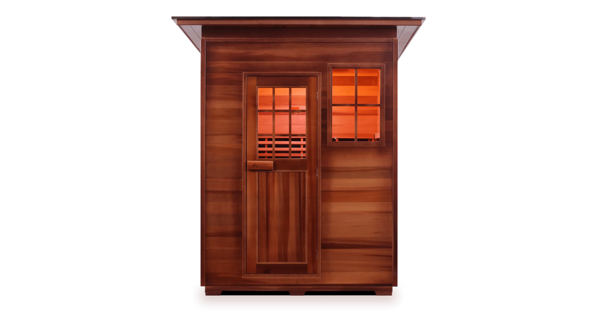 Image of a sauna from the Sapphire range of Enlighten Saunas with a full spectrum heater located at the back.