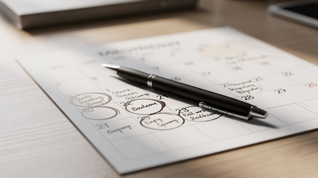 The image shows a calendar with several marked dates and a pen resting on a desk, symbolizing the important timelines involved in personal injury claims, such as those related to car accidents and medical bills. This visual emphasizes the need for an experienced personal injury attorney to help navigate the legal process and secure fair compensation for victims.