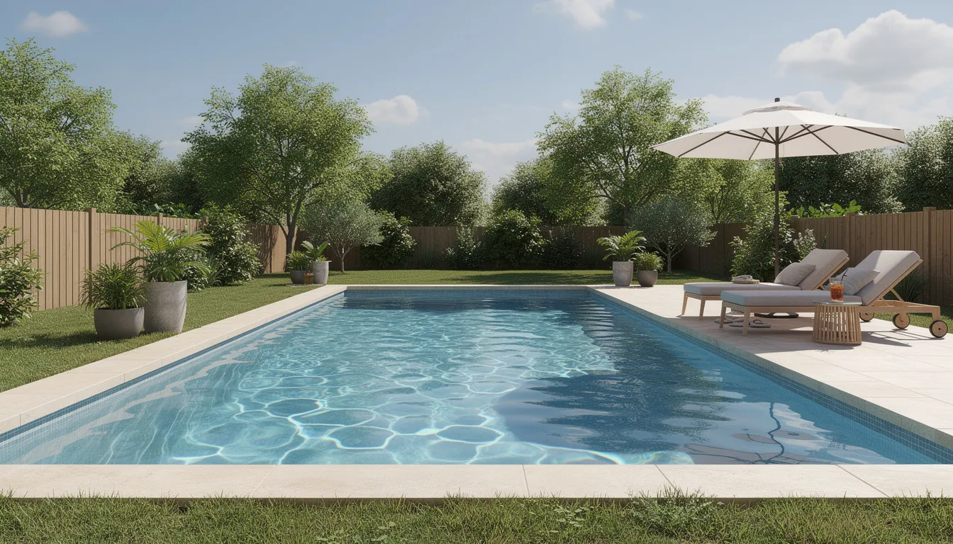 The image shows a clean backyard swimming pool with crystal clear blue water, surrounded by a well-maintained pool deck and stylish outdoor furniture, creating an enjoyable swimming environment for the summer. This pristine setting highlights the importance of proper pool water chemistry and maintenance for pool owners looking to ensure a safe and inviting space.