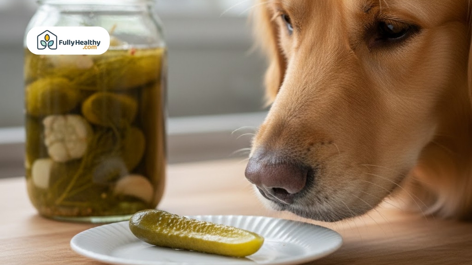 Dog sniffing pickle on plate beside jar of pickles indoors