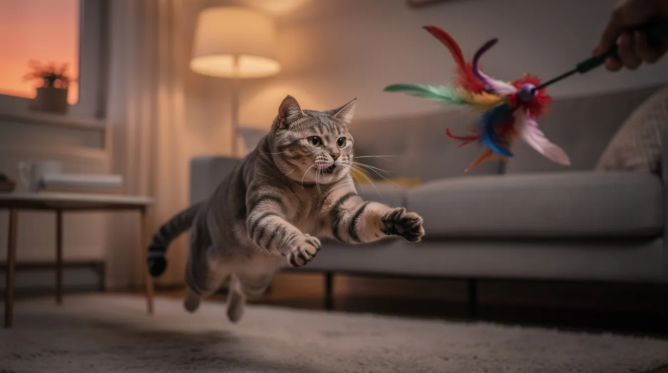 A playful cat is pouncing on a feather wand toy during an evening play session in a cozy living room, showcasing its hunting instincts and enthusiasm for interactive cat toys. The scene captures the joy of cat playtime, highlighting the importance of keeping indoor cats entertained and mentally stimulated.
