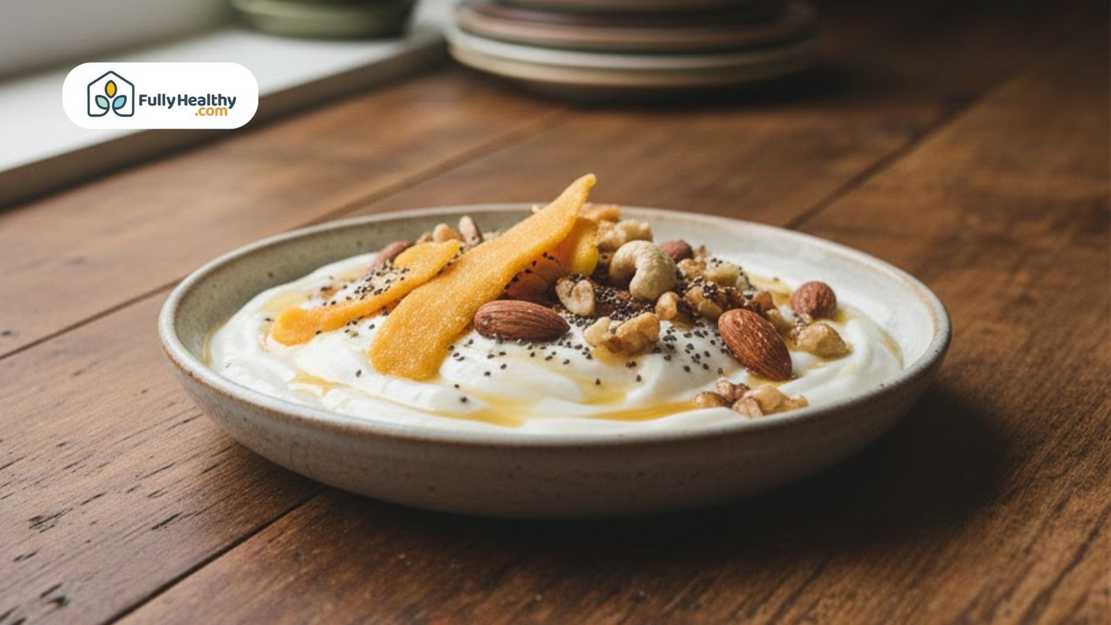 Greek yogurt topped with dried mango slices, nuts, seeds, and honey.